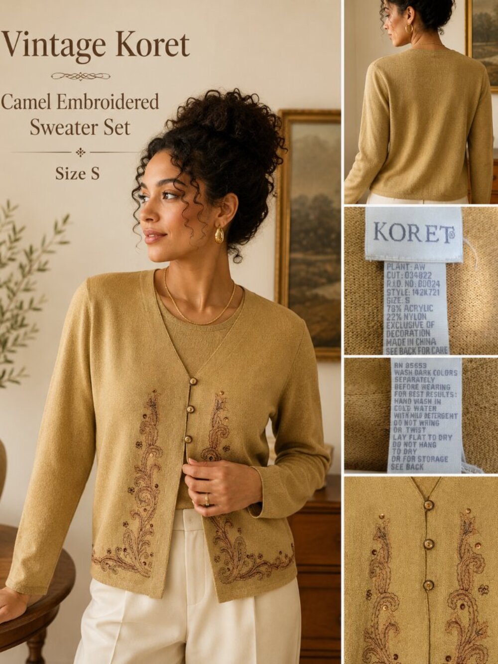 Vintage Koret Camel Embroidered Sweater Set Jewel Button Cardigan Top Size S